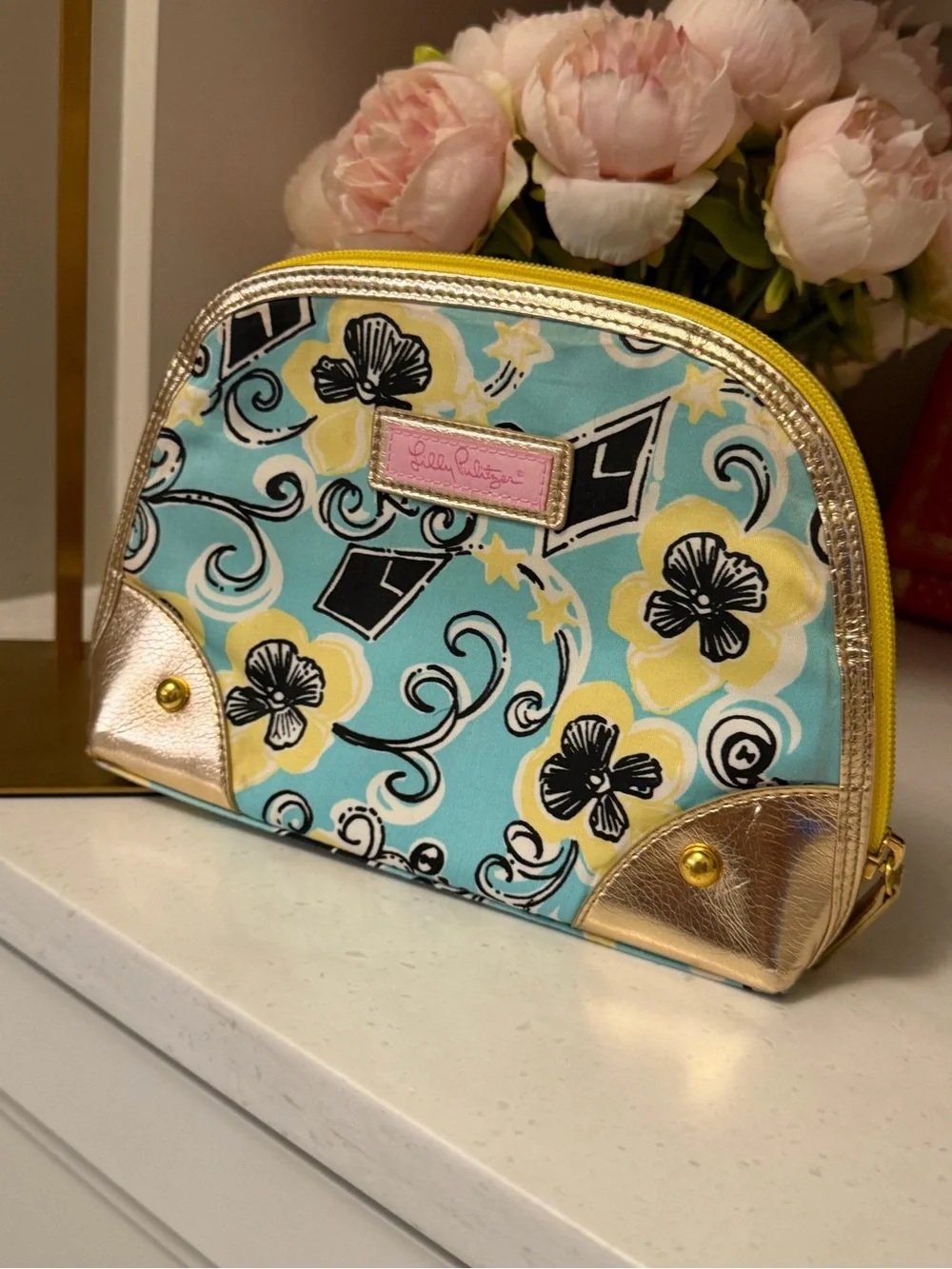 Lilly Pulitzer Turquoise Floral Cosmetic Pouch with Gold Accents